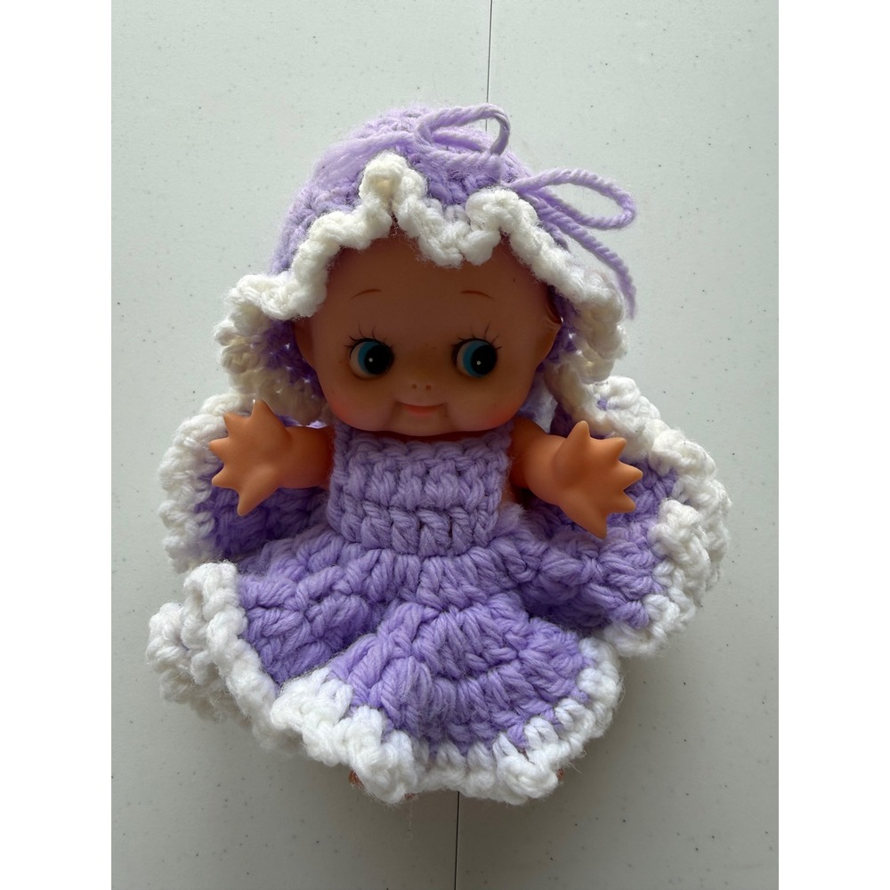 Vintage KEWPIE DOLL 9" BABY DOLL HANDMADE Purple Crochet Outfit Collectible